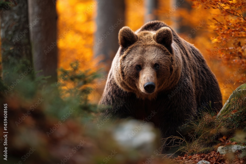 Fototapeta premium Majestic brown bear in an autumn forest. Warm colors and soft light.