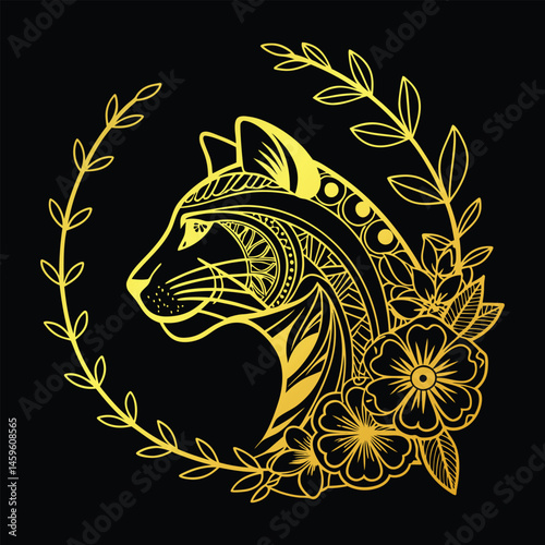 A black vector illustration depicts a wild tiger head silhouette, suitable for a tribal tattoo design