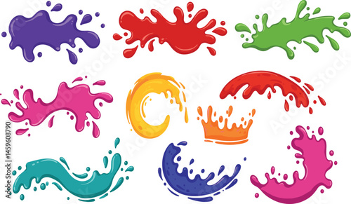 Juice splash. Cartoon drink splatters. Color fruit, vegetable, orange, apple, and berry splashing. Fresh juicy splashes shape, liquid wave, lemonade spiral.