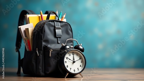 black backpack with alarm clock and school equipment. Back to school concept background 3d