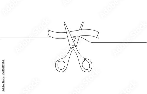 Scissors Cutting a Ribbon, Continuous one line drawing of cutting ribbon for grand opening, Ribbon cutting ceremony for opening event or company concept.