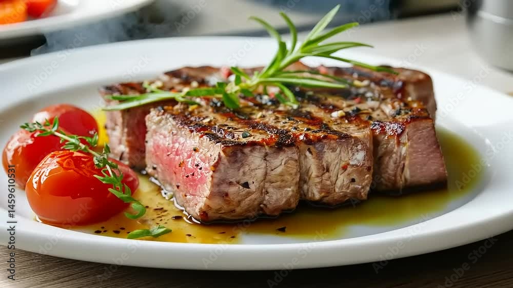 Exquisite Close-Up of Sliced Grilled Steak Served with Fresh Cherry Tomatoes Exquisite Close-Up of Sliced Grilled Steak Served with Fresh Cherry Tomatoes