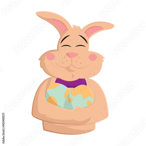 Bunny hugs two Easter eggs. Vector