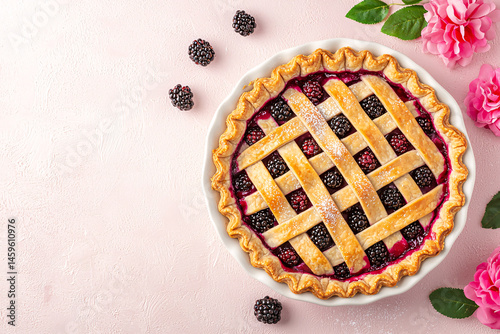 Freshly baked blackberry pie with lattice crust sits pretty on a pink background with flowers.