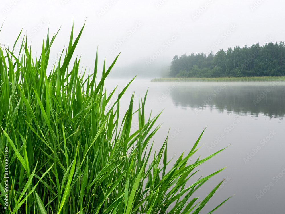 Obraz premium Lush green grass grows near the calm lake shore as fog hangs over the forest on a misty morning.