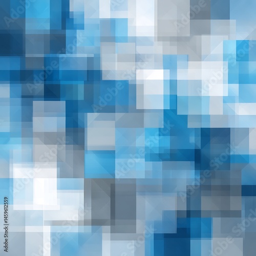 Geometric composition with overlapping squares in varying shades of blue