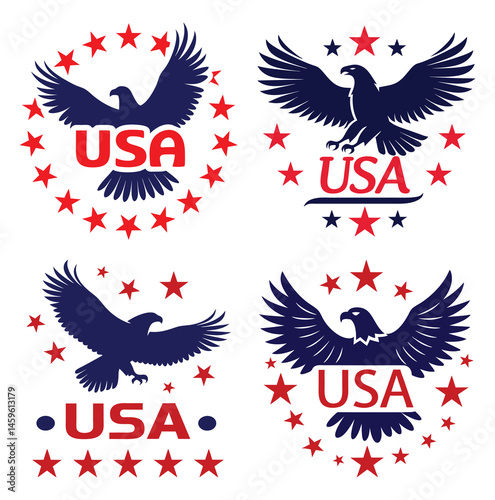 Blue eagle soars over red USA stars on white