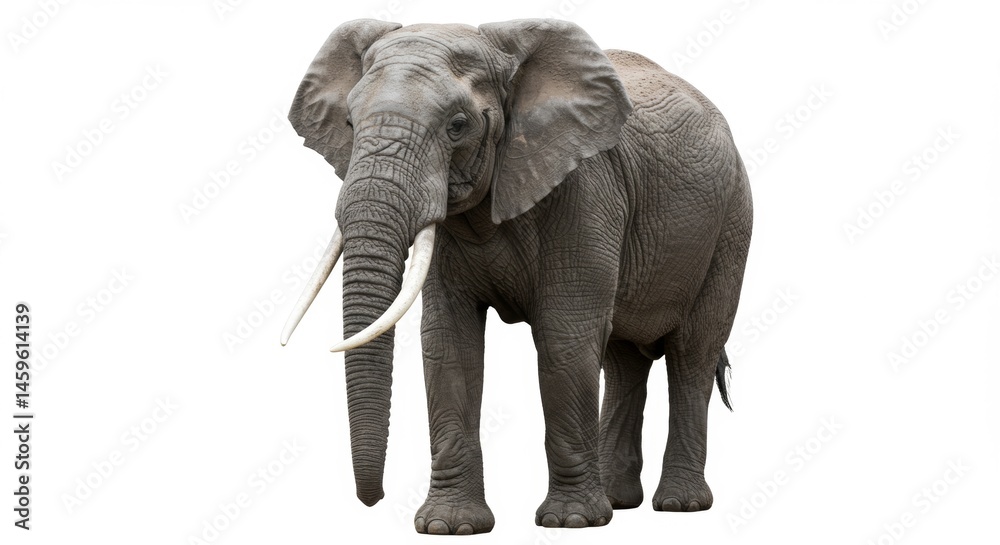 Fototapeta premium Majestic African Elephant Standing Tall with Prominent Tusks Against a Clean White Background, Ideal for Conservation and Wildlife Projects, Showcasing the Beauty of Nature