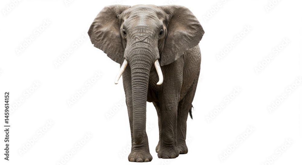 Fototapeta premium Majestic African Elephant Walking Forward with Prominent Tusks Isolated on White Background to Showcase Wildlife and Conservation Efforts for Educational and Commercial Purposes
