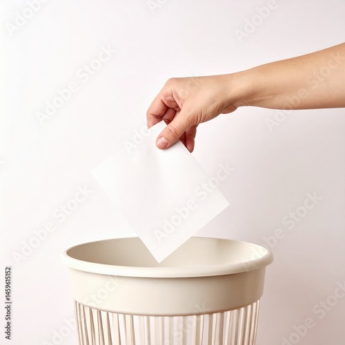 A person in casual attire is reaching towards a trash bin, carefully placing a crumpled empty sheet of paper inside, maintaining a tidy environment.