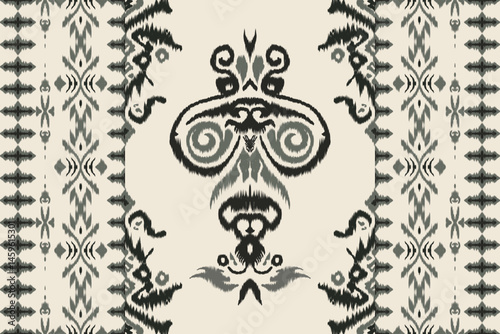 Ornate tribal ikat pattern with symmetrical swirls and traditional border design, seamless ethnic textile in black and green tones for cultural fashion, fabric print, and home decor.