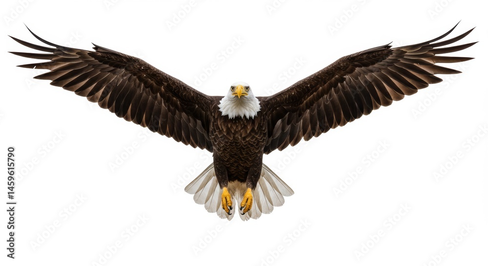 Naklejka premium Majestic Bald Eagle in Flight with Wings Fully Extended Against White Background Symbolizing Freedom and Power for Wildlife and Patriotic Themes
