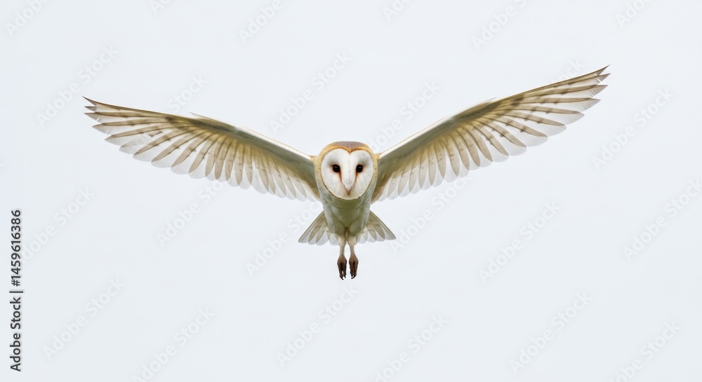 Obraz premium Majestic Barn Owl in Flight A Stunning Wildlife Portrait Capturing the Beauty and Grace of Nature's Hunter against a Clean White Background with Wings Spread Wide