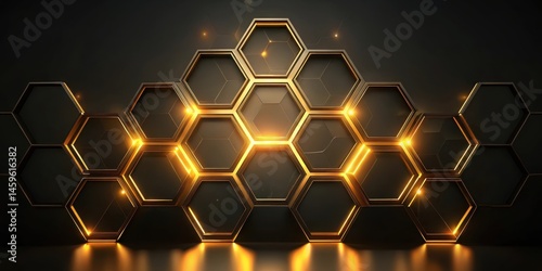 Illuminated Hexagonal Grid Abstract Dark Background with Golden Accents and Glowing Lines