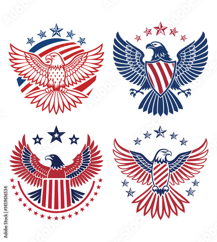 Four American patriotic eagle emblems proudly display stars and stripes