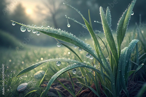 Fresh Morning Dew on Grass Blades in Nature