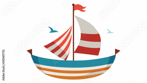 Sailing Adventure A tiny fishing boat defined by its rustic charm ly stays afloat beneath a massive sail that seems to take flight. The sail is painted in vibrant stripes and the