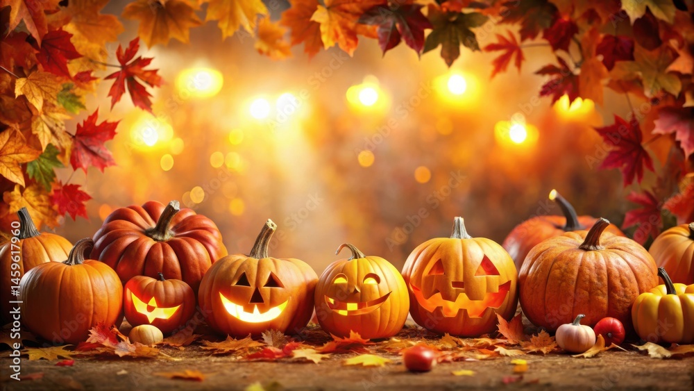 Illuminated Autumn Jack-o'-lanterns Glowing Amidst a Canopy of Colorful Fall Foliage on a Rustic Wooden Surface Illuminated Autumn Jack-o'-lanterns Glowing Amidst a Canopy of Colorful Fall Foliage on a Rustic Wooden Surface
