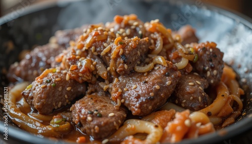 Marinated beef bulgogi with sesame seeds, grilled onions, and kimchi.
