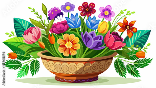 A decorative gardening pot with colorful flowers blooming, isolated on white background.