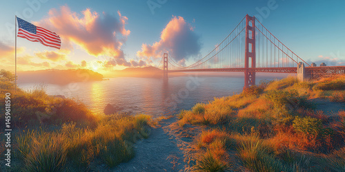 Golden Gate Bridge viewpoint at sunset with American flag waving in the wind