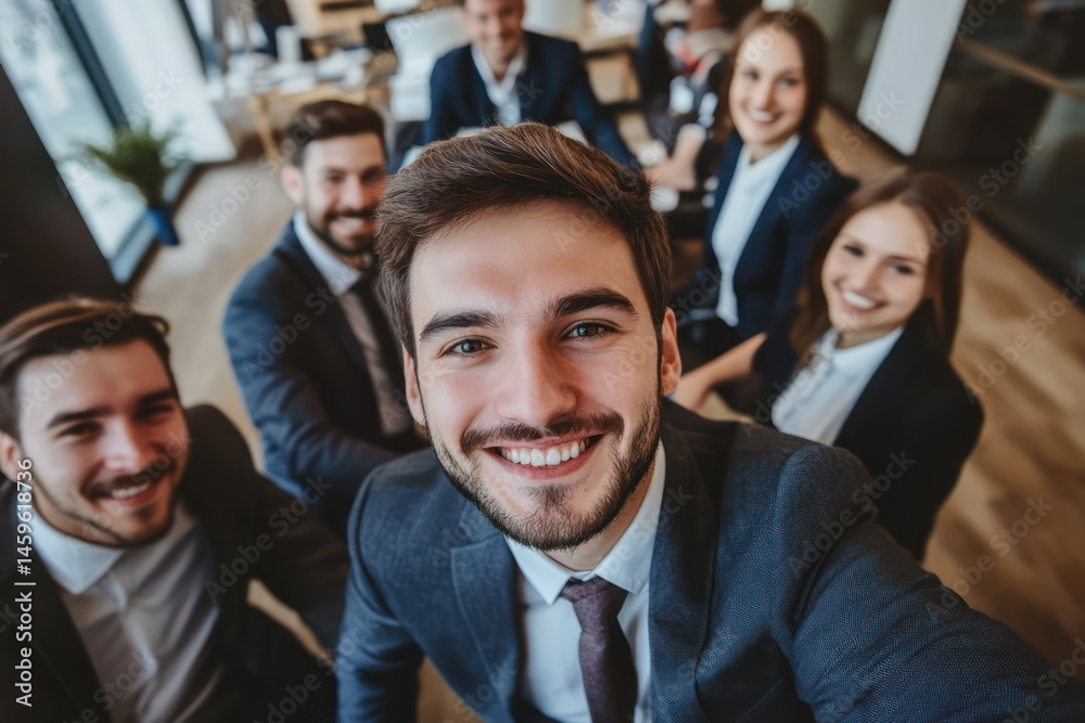 Smiling Businessman Taking Selfie with Team at Office Smiling Businessman Taking Selfie with Team at Office