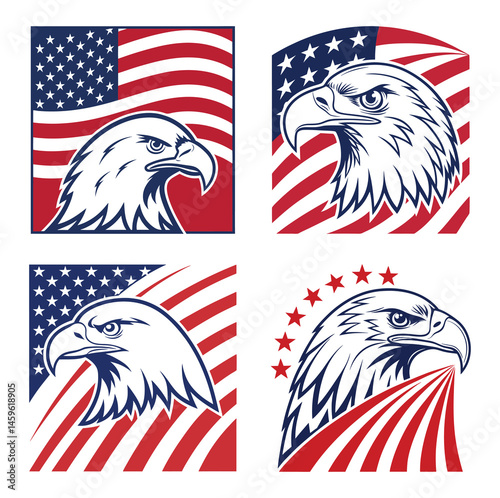 Four patriotic bald eagles elegantly merge with the American flag