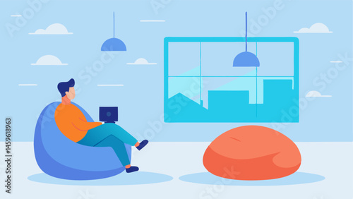 Suspended Lounge Area Create a spacious living room where a large plush sofa oversized bean bags and a sleek entertainment unit are all levitating. A person is seen relaxing in a