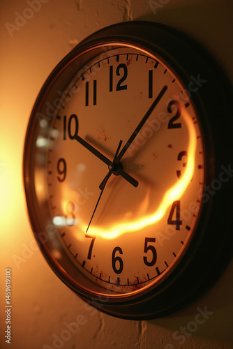 Wall clock on fire symbolizing time pressure, urgency, and burnout