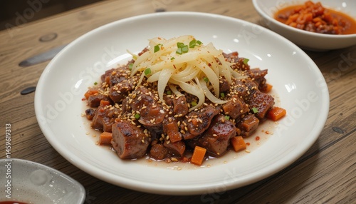 Marinated beef bulgogi with sesame seeds, grilled onions, and kimchi.