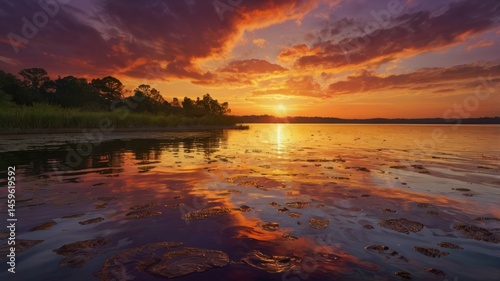 Sunset over a serene lake, vibrant colors reflected in still water. Lush vegetation borders the shoreline