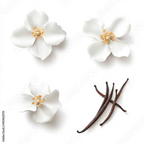 Four white flowers,  vanilla beans on white background
