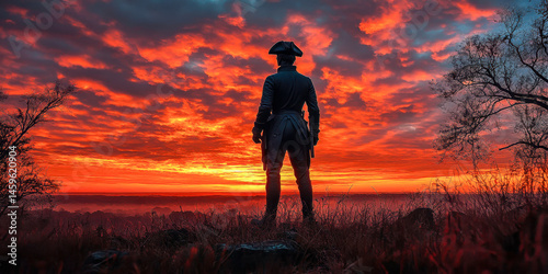 Silhouette of Minute Man Statue against vibrant sunset at historical site in the United States photo