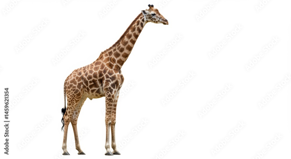 Obraz premium Majestic giraffe standing tall against a pristine white backdrop showcasing its unique patterned coat and elegant posture in natural light studio shot