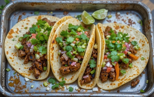 Street-style tacos with grilled meat, cilantro, lime, and colorful toppings on a metal tray