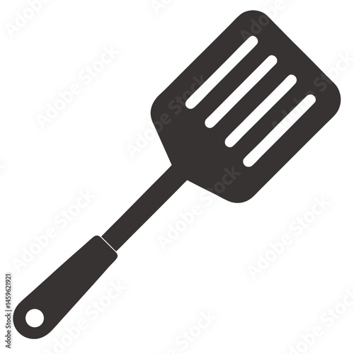Black Silhouette Slotted Spatula Kitchen Utensil Icon on White Background
