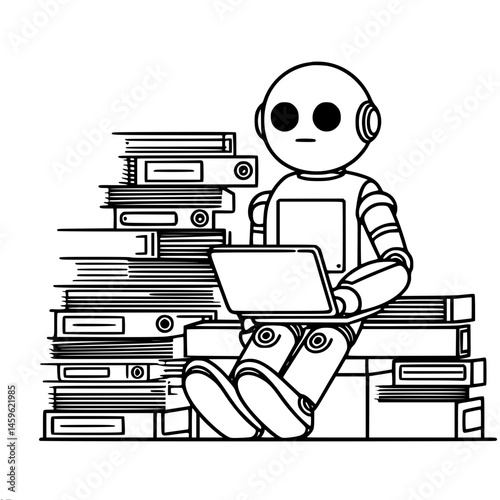 Robot studying with laptop amid stacks of books, single line outline vector  