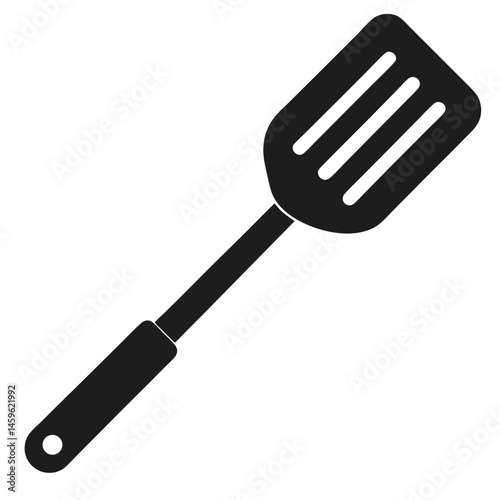 Black Silhouette Slotted Spatula Kitchen Utensil Icon on White Background
