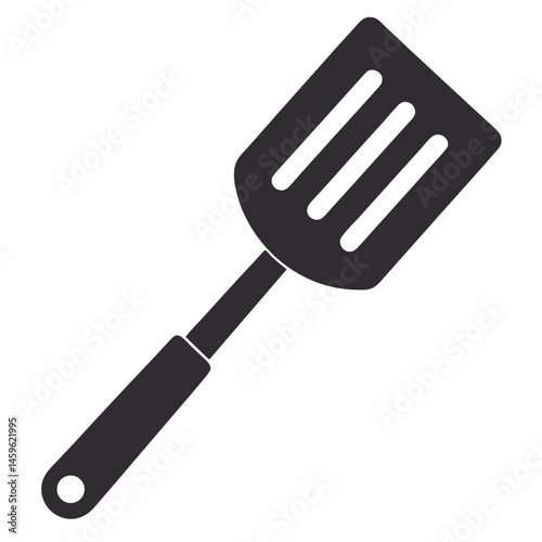 Black Silhouette Slotted Spatula Kitchen Utensil Icon on White Background
