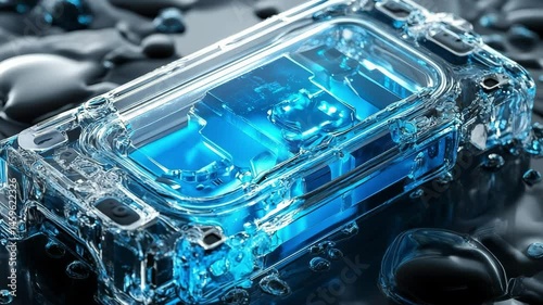 Close-up of a magnesium battery cell with a dendrite-free anode and glowing blue electrolyte, encased in transparent housing with water droplets, next-gen energy technology and cooling innovation.