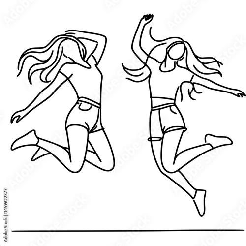 Joyful girls in shorts dancing in outline style on empty background, vector outline of one line