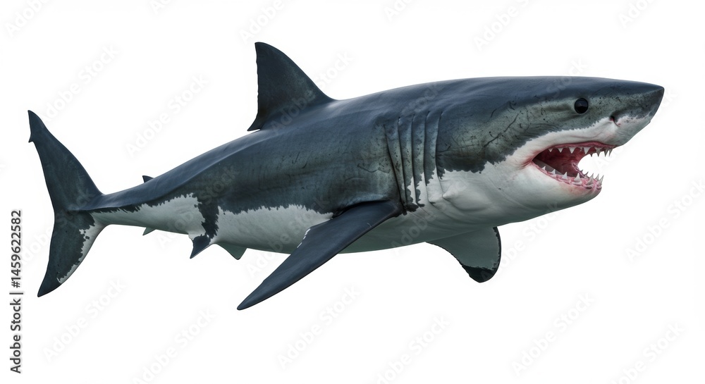 Majestic Great White Shark Swimming with Open Mouth Showing Sharp Teeth, a Predator of the Ocean Wildlife, Dangerous and Powerful, Isolated on White Background for Educational Purposes Majestic Great White Shark Swimming with Open Mouth Showing Sharp Teeth, a Predator of the Ocean Wildlife, Dangerous and Powerful, Isolated on White Background for Educational Purposes