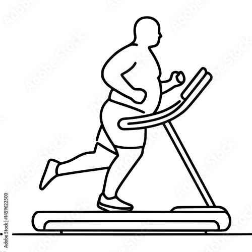 Fitness journey: overweight man running on treadmill in outline style, single line outline vector  