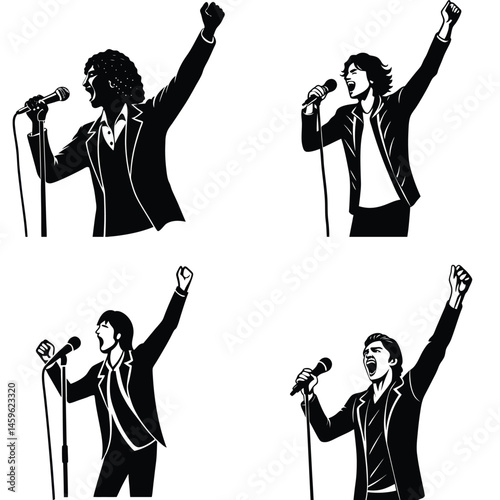 Black And White Vector Illustration Of Dynamic Singer Performance With Microphone