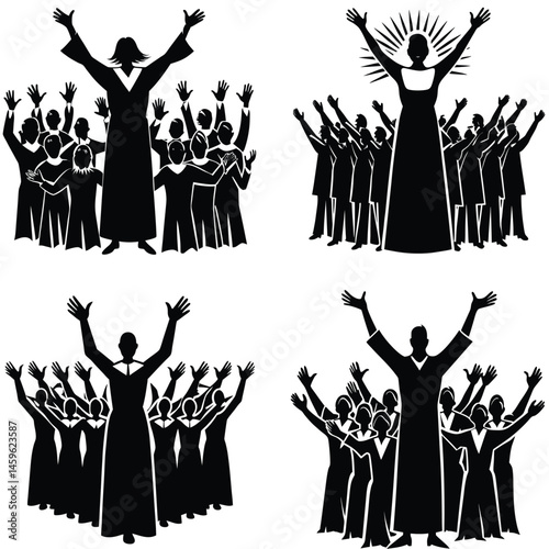 Vector Silhouette Illustration Of A Crowd Cheering With Raised Arms Four Variations