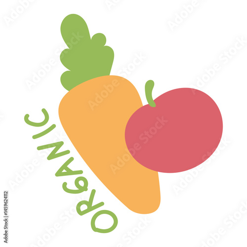 Vegetable organic carrot and apple displaying the word organic; ideal for organic food labels, healthy eating campaigns, and farming publications