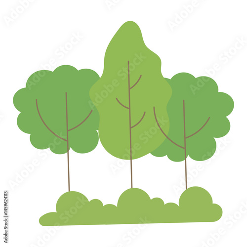 Landscape of lush forest with three green trees. Ideal for environmental, nature, or outdoor related designs and projects. Suitable for educational materials