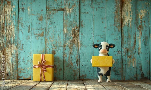 Cute cartoon cow holding blank yellow sign, beside a gift, against rustic teal wood background