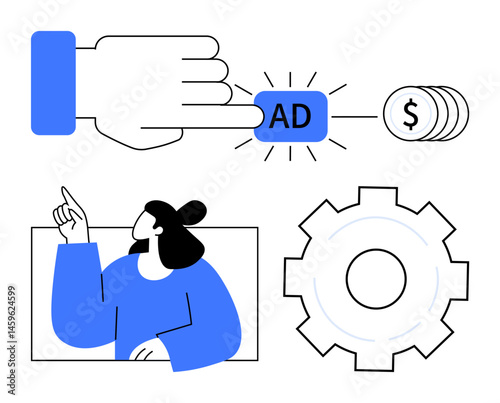 Hand clicking digital ad button, stack of coins, gear for optimization, user pointing at ideas. Ideal for marketing, monetization, user engagement, business analysis, strategy teamwork simple