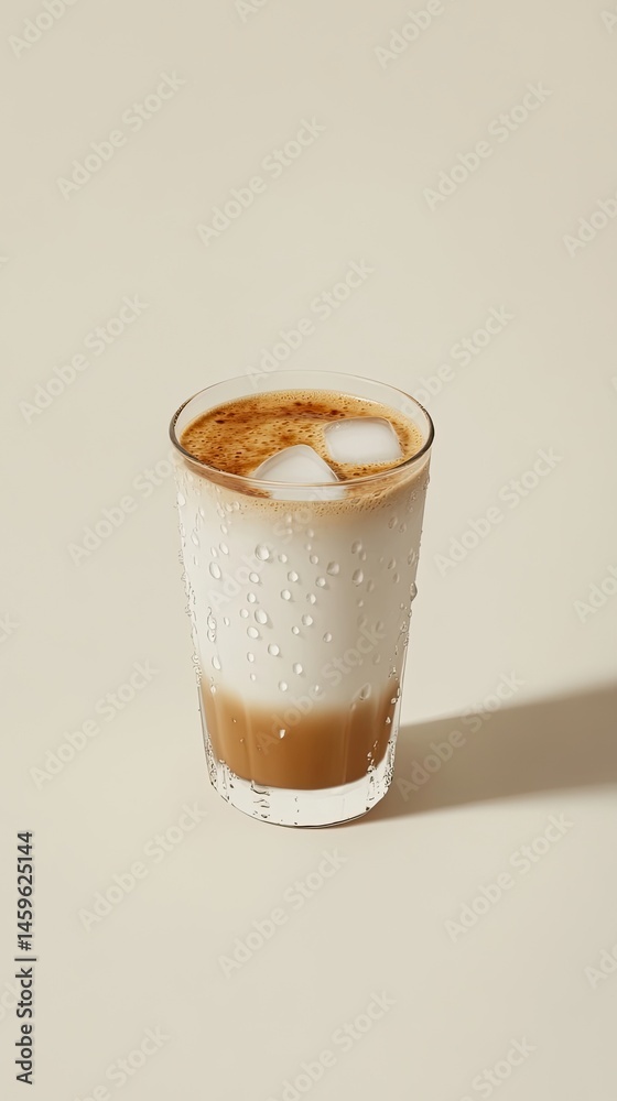 Refreshing iced coffee beverage with ice cubes and foam in a clear glass against a neutral background highlighting the layered textures and cool aesthetic appeal. Refreshing iced coffee beverage with ice cubes and foam in a clear glass against a neutral background highlighting the layered textures and cool aesthetic appeal.